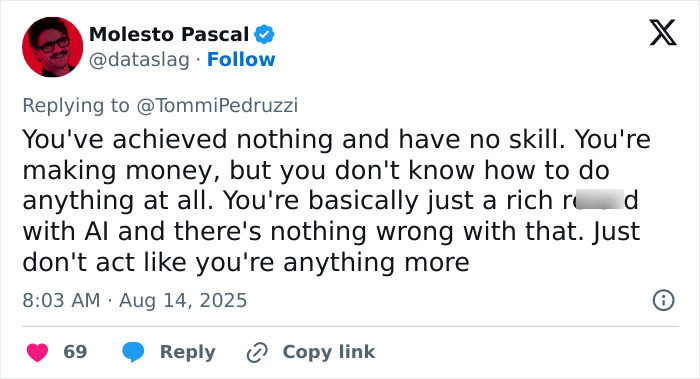 Screenshot of a social media reply criticizing a 27-year-old entrepreneur using AI to publish books and make $3M.