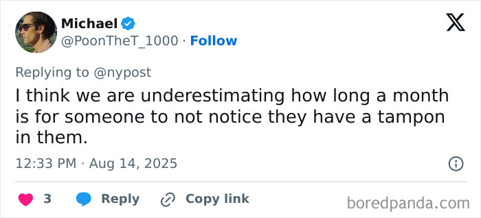 Tweet discussing how someone went a month without noticing a tampon left inside, highlighting a traumatizing experience.