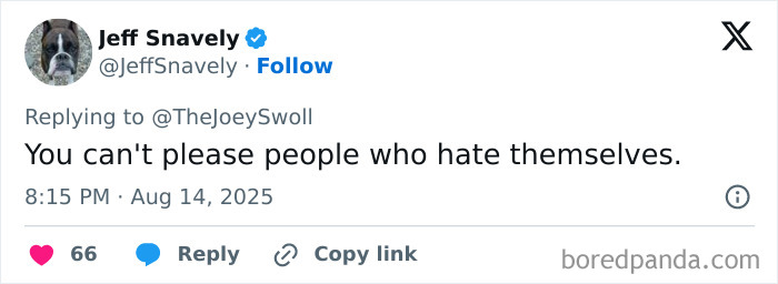 Tweet by Jeff Snavely replying to Joey Swoll, discussing self-hate in response to a height-related controversy.