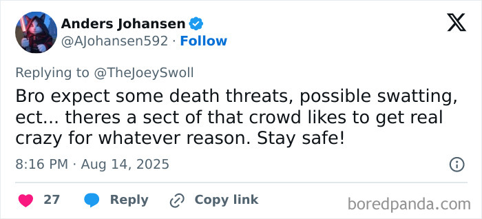 Tweet by Anders Johansen warning about possible threats after Joey Swoll's brutal takedown of woman insulting men under 5'10".