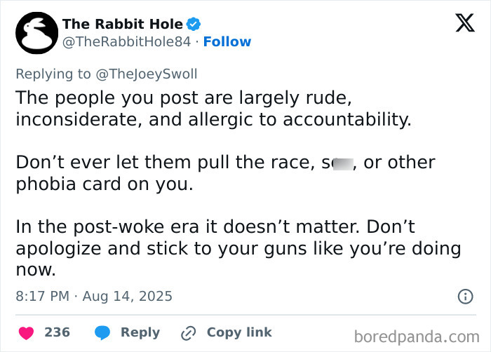 Screenshot of a Twitter reply defending Joey Swoll for standing up to critics and promoting accountability online.