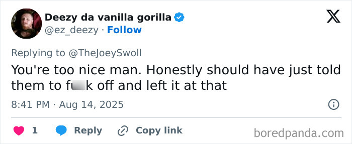 Screenshot of a tweet responding to Joey Swoll, praising his takedown of comments about men under 5'10"