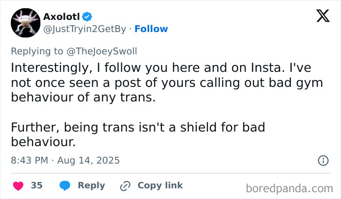 Tweet from user Axolotl replying to Joey Swoll discussing gym behavior and transgender issues, related to Joey Swoll takedown controversy.