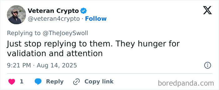 Screenshot of a Twitter reply to Joey Swoll addressing validation and attention in a social media debate.