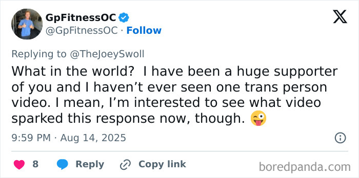 Tweet by GpFitnessOC replying to Joey Swoll, expressing surprise and interest about a video prompting a response from him.