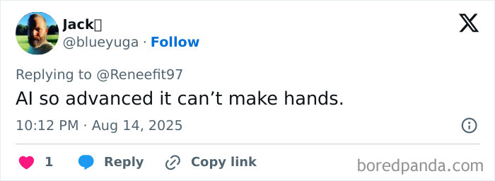 Screenshot of a social media post commenting on AI limitations, related to the trend of not having eyebrows.