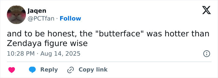 Screenshot of a tweet discussing butterface compared to Zendaya in the context of an ugly woman contest outrage. Screenshot of a tweet discussing butterface compared to Zendaya in the context of an ugly woman contest outrage.