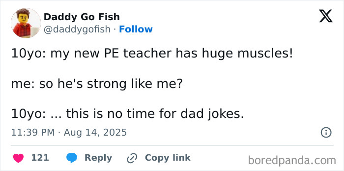 Tweet humor about kids and dad jokes featuring a child’s witty reply to a parent’s question.