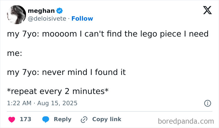 Tweet about a parent's humorous daily interaction with their 7-year-old involving Lego pieces and repeated requests.