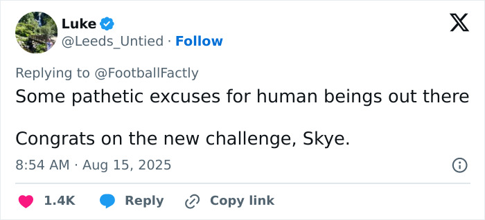 Tweet showing support for new soccer team signing Skye after trolls targeted her appearance online.