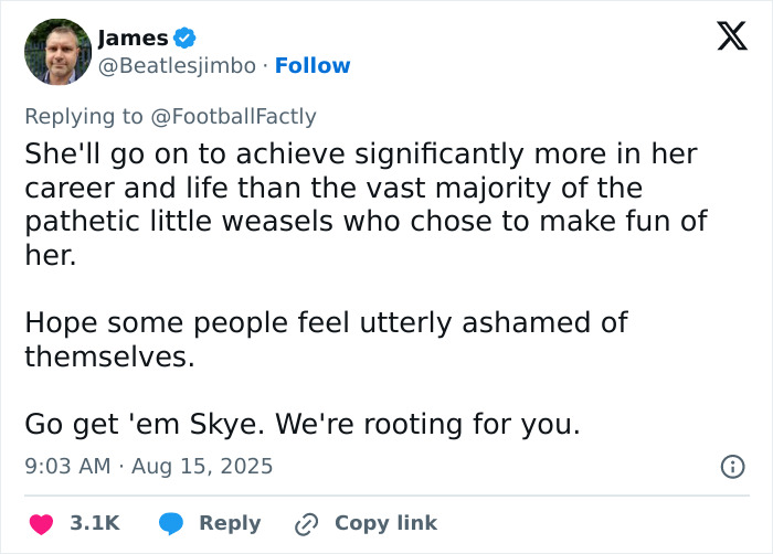 Tweet supporting new soccer team signing after trolls target her appearance, encouraging resilience and success despite negativity.