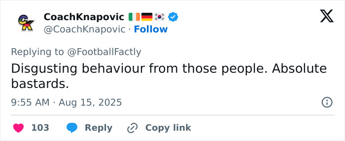 Screenshot of a tweet from CoachKnapovic condemning trolls targeting a soccer team&rsquo;s new signing announcement.