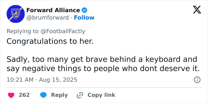Tweet from Forward Alliance addressing trolls targeting new soccer signing&rsquo;s appearance, highlighting online negativity issues.