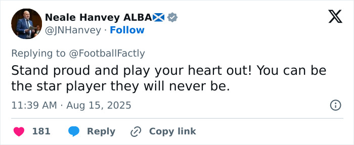 Tweet encouraging a soccer team player to stand proud and play with heart amid backlash over new signing announcement.