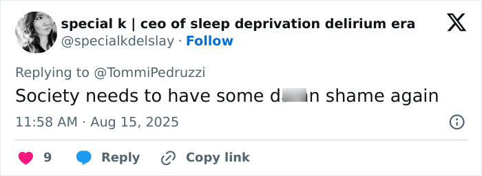 Twitter reply from a user criticizing society about shame, displayed in a social media app interface.