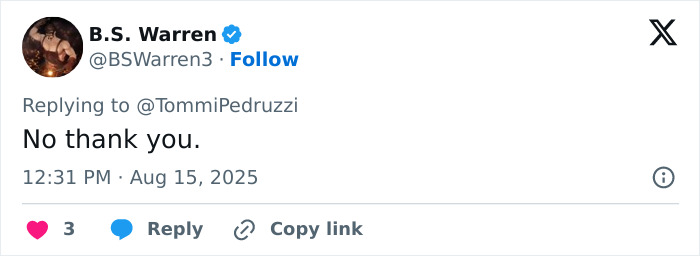 Screenshot of a social media reply saying no thank you, related to a 27YO entrepreneur using AI for book publishing success.