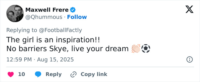 Tweet praising a soccer team new signing named Skye, calling her an inspiration amid online trolling about her appearance.