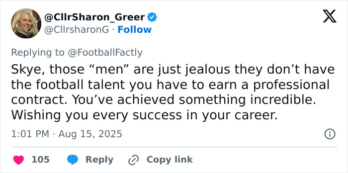 Tweet defending new female soccer team signing after trolls target her appearance, supporting her professional talent and career success.