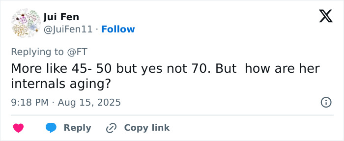 Tweet discussing aging and internal health in response to viral facelift and aging gracefully conversation. Tweet discussing aging and internal health in response to viral facelift and aging gracefully conversation.