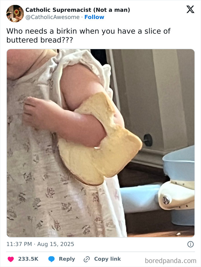 Child wearing a slice of buttered bread as a glove, illustrating a funny and relatable tweet from August humor post.