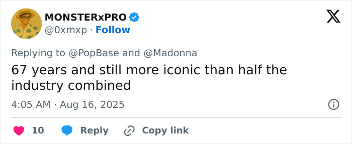 Tweet showing praise for Madonna at 67 years old, described as more iconic than half the music industry combined.