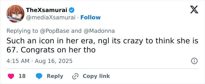 Screenshot of a tweet praising Madonna as an iconic figure at retirement age following her boyfriend&rsquo;s cosmetic change advice.
