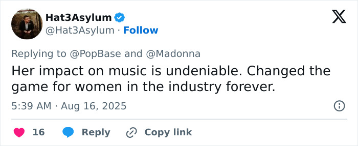 Tweet discussing Madonna's undeniable impact on music and her influence on women in the industry.