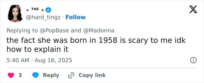 Tweet discussing Madonna hitting retirement age and following her boyfriend's unexpected cosmetic change advice.