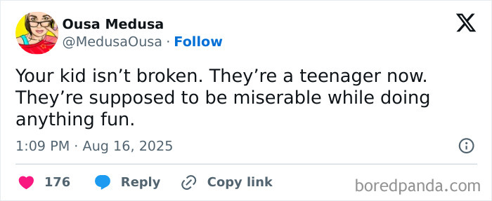 Tweet about teenagers being “supposed to be miserable” while having fun, part of funny tweets about kids humor.