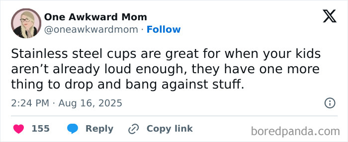 Tweet about stainless steel cups adding noise, featured in a funny tweets collection for chuckling without kids.