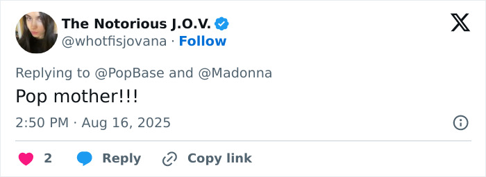 Screenshot of a tweet reacting to Madonna hitting retirement age and following her 29YO boyfriend's cosmetic change advice.