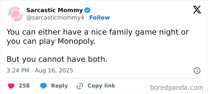 Tweet from Sarcastic Mommy humorously comparing family game night and playing Monopoly, highlighting funny parenting moments.