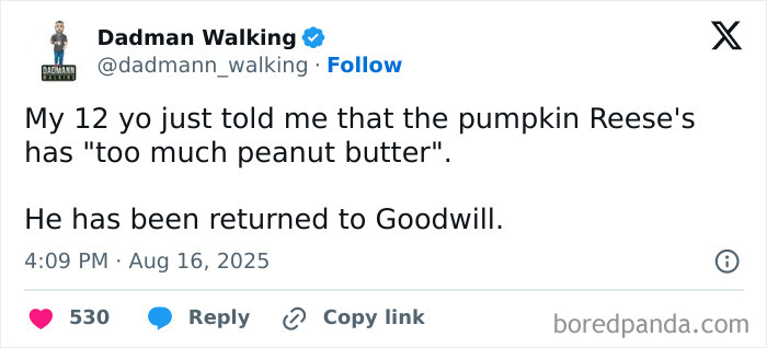 Tweet about a 12-year-old’s humorous comment on pumpkin Reese’s, highlighting funny tweets about kids and parenting.