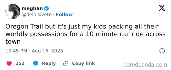 Tweet about kids packing belongings for a short car ride, related to funny kids tweets and parenting humor.