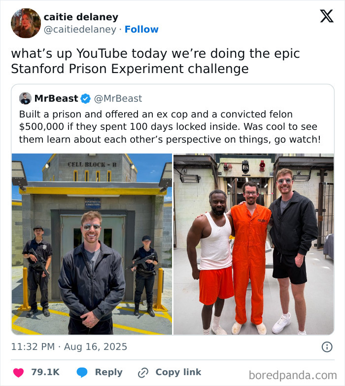 Screenshot of a tweet featuring MrBeast’s Stanford Prison Experiment challenge with photos of participants in prison attire.