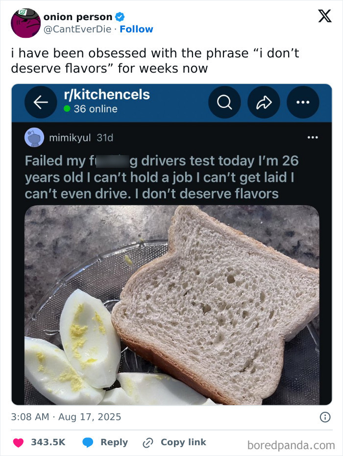 Screenshot of a funny and relatable tweet about feeling undeserving with a photo of plain bread and boiled eggs.