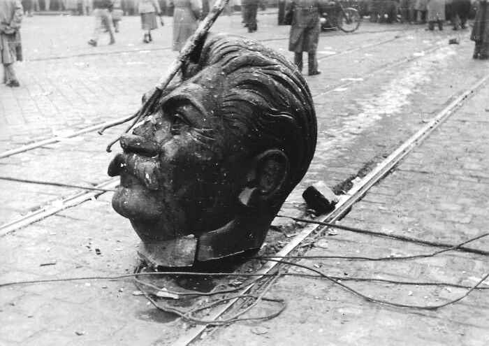 Large fallen statue head of Stalin on cobblestone street during iconic moments in history with people in background.