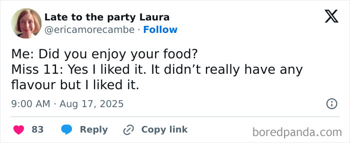 Screenshot of a funny tweet about kids, sharing a quirky response about food, illustrating humor in parenting tweets.