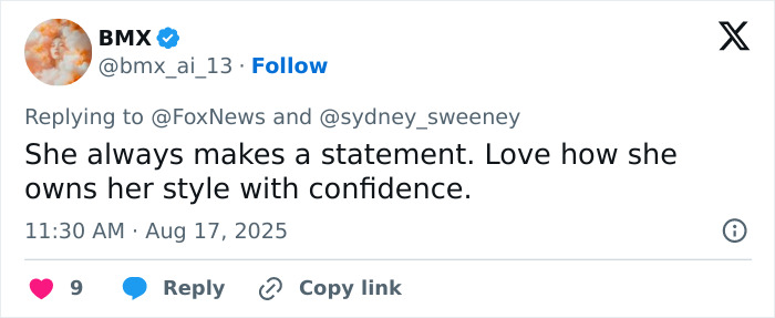 Tweet praising Sydney Sweeney for her confident style amid American Eagle backlash and movie box office flop.