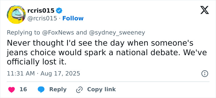 Tweet discussing controversy over jeans choice linked to Sydney Sweeney amid American Eagle backlash and movie flop at box office.