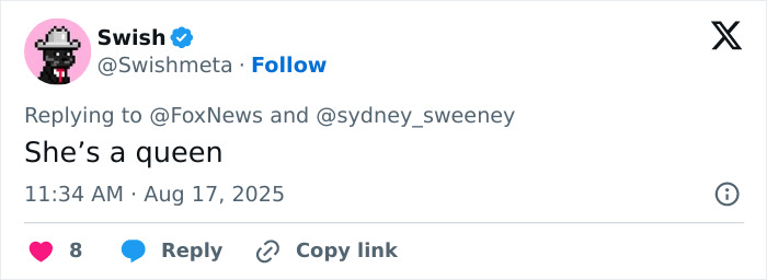 Tweet from user Swish praising Sydney Sweeney amid backlash and box office flop of her new movie.