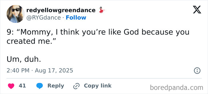 Screenshot of a humorous tweet about kids creating their parents, part of funny tweets collection about kids.