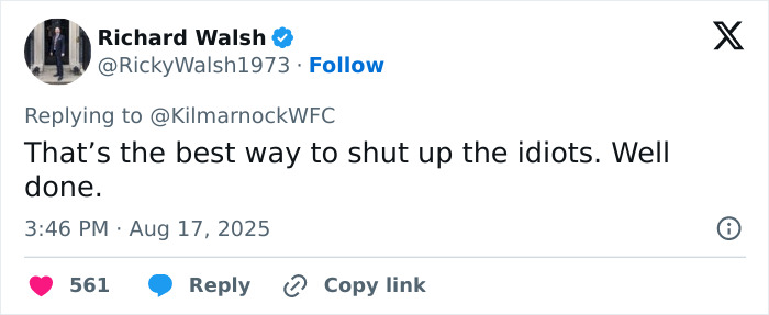 Tweet by Richard Walsh praising a 16YO footballer for shutting down trolls with a fantastic response. Tweet by Richard Walsh praising a 16YO footballer for shutting down trolls with a fantastic response.