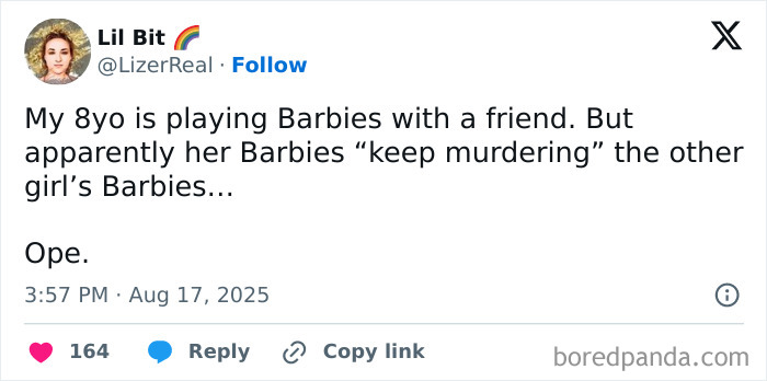 Tweet about an 8-year-old playing Barbies with a funny twist, part of tweets that might make you chuckle.