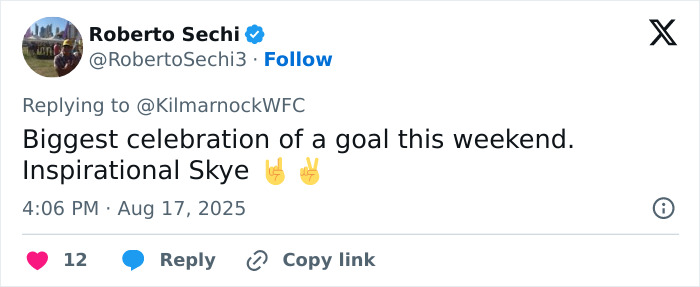 Tweet from Roberto Sechi praising footballer Skye’s inspirational goal celebration, addressing footballer mocked for her looks. Tweet from Roberto Sechi praising footballer Skye’s inspirational goal celebration, addressing footballer mocked for her looks.