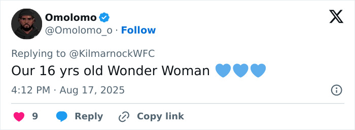 Tweet by Omolomo praising a 16YO footballer as Wonder Woman with blue heart emojis, posted on August 17, 2025. Tweet by Omolomo praising a 16YO footballer as Wonder Woman with blue heart emojis, posted on August 17, 2025.