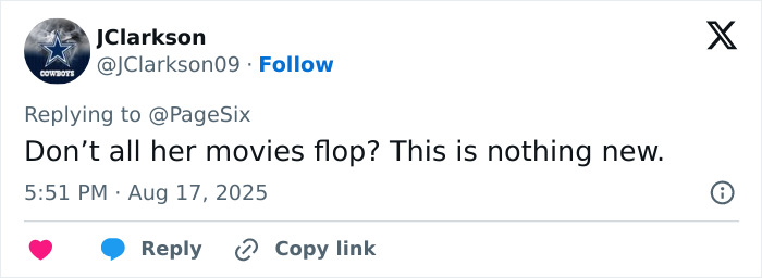 Screenshot of a tweet responding to Sydney Sweeney's new movie flopping at the box office amid American Eagle backlash.