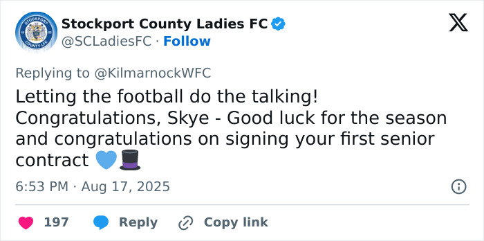 Tweet from Stockport County Ladies FC congratulating 16YO footballer Skye on signing her first senior contract. Tweet from Stockport County Ladies FC congratulating 16YO footballer Skye on signing her first senior contract.