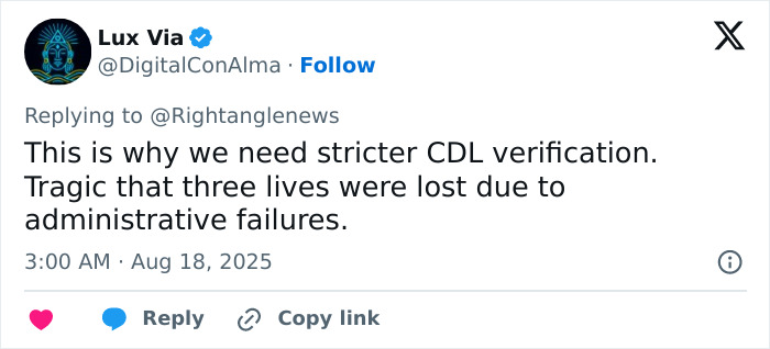 Tweet discussing the need for stricter CDL verification after a truck driver&rsquo;s illegal U-turn caused fatal accident.