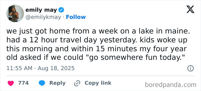 Tweet about travel and funny kids moments, shared in a casual tone, fitting the theme of funny kid tweets August edition.